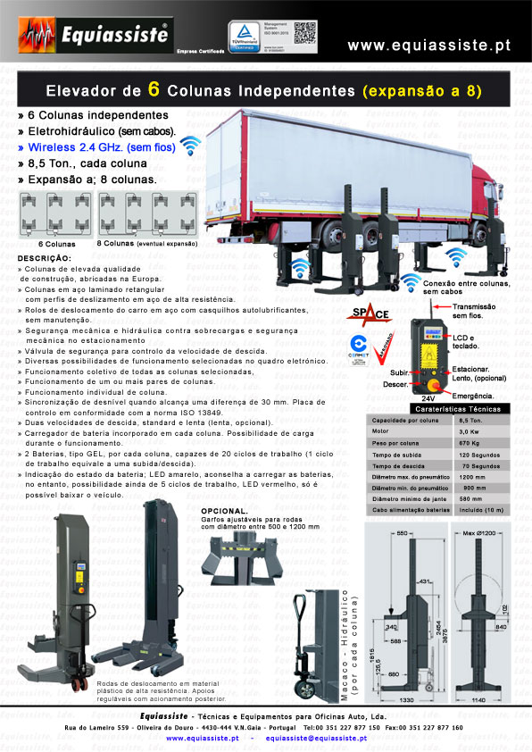 Elevadores para veiculos pesados de colunas independentes 4 quatro 6 seis ou 8 oito com cabos elétricos ou sem cabos - wireless