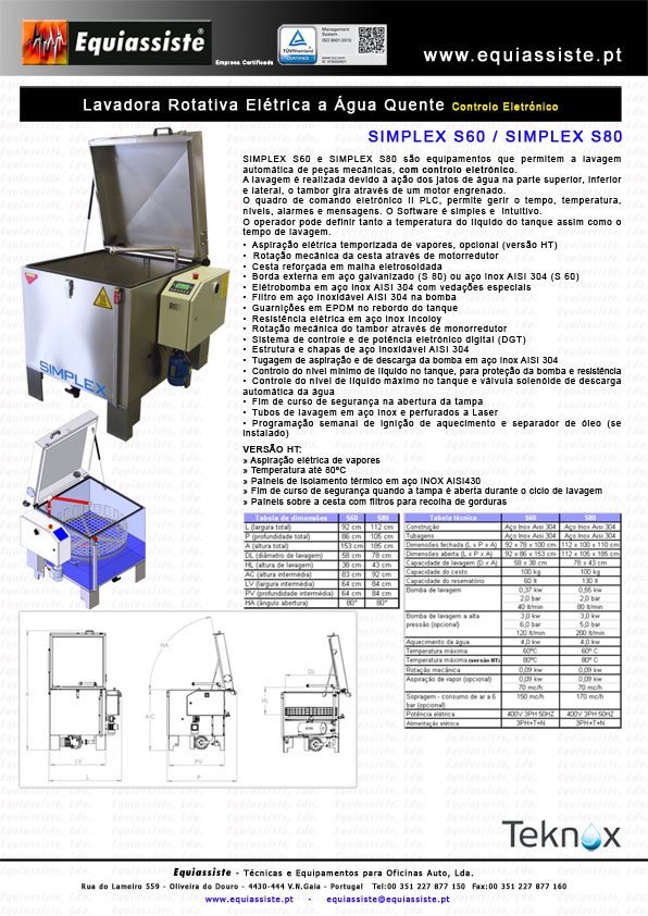 Teknox Portugal máquinas de lavar peças a agua quente rotativas e alta pressão Simplex S60 e S80