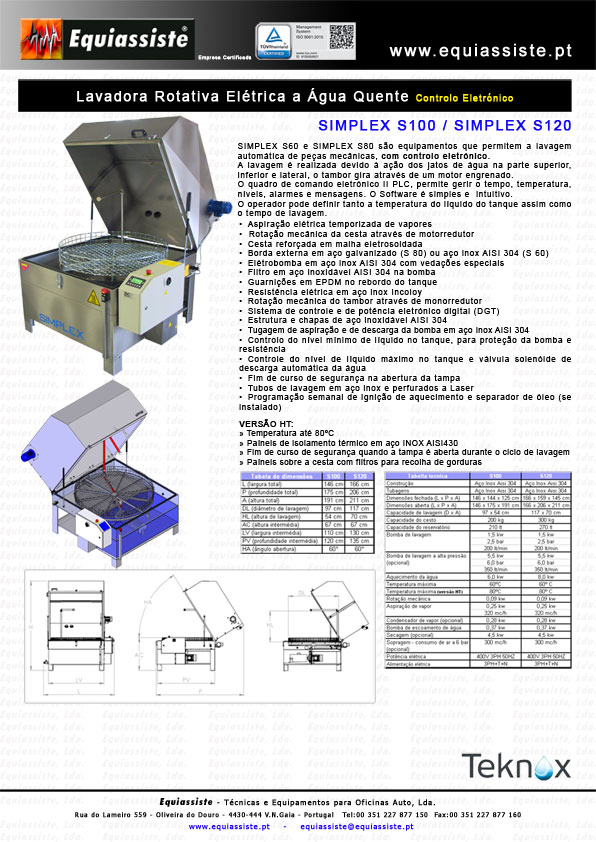 Teknox Portugal máquinas de lavar peças a agua quente rotativas e alta pressão Simplex S100 e S120