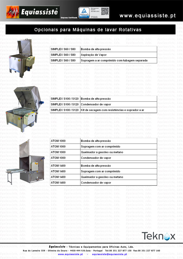 Teknox Portugal máquinas de lavar peças a agua quente rotativas e alta pressão Opcionais