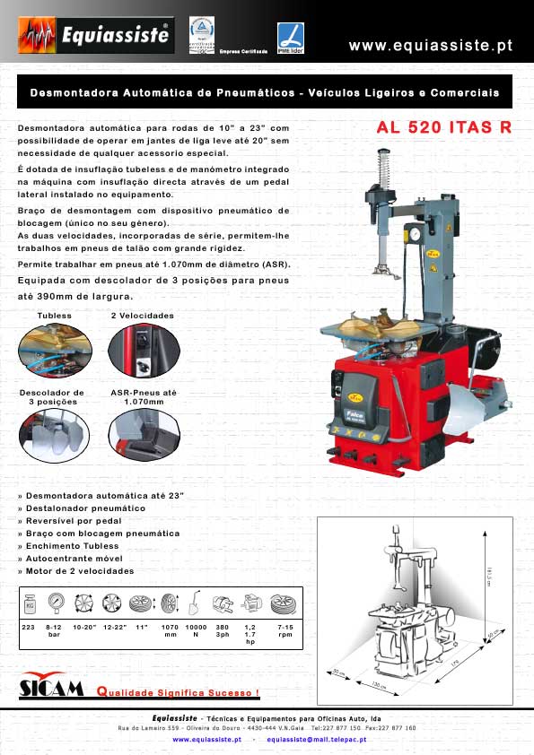 Sicam - Desmontadora montadora para pneus de ligeiros e comerciais automática, 2 velocidades, com enchimento tubless, descolador de 3 posições. Pneus até 1.070 mm