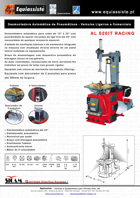 Sicam - Desmontadora montadora para pneus de ligeiros e comerciais automática, 2 velocidades, com enchimento tubless, descolador de 3 posições. Coluna de deslocamento vertical