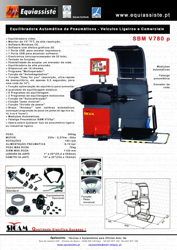 Sicam - Super equilibradora de ligeiros com medição automática equipada com monitor LCD, de 17" e microprocessador. Software Video. Equipada com elevador de rodas